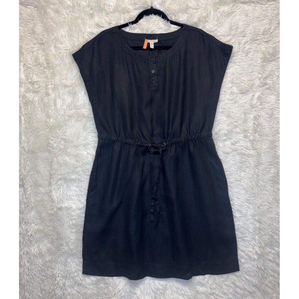 Eileen Fisher Black Organic Linen Drawstring Waist Shift‎ Dress Womens Medium